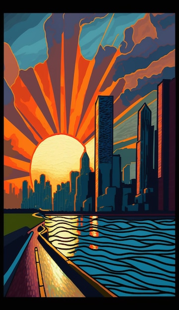 illustration of a city skyline with a sunset in the background generative ai