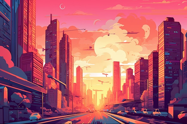 Photo illustration of a city street with a sunset in the background generative ai