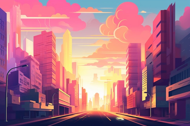 Photo illustration of a city street with a sunset in the background generative ai