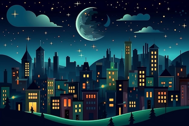 Illustration of city view at night flat