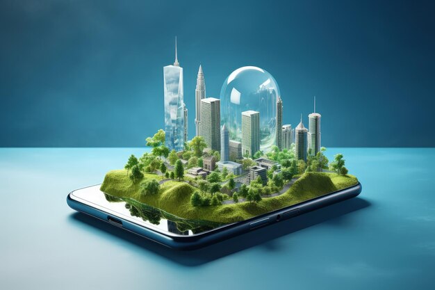 Photo illustration of a city with buildings on a smartphone screen generative ai