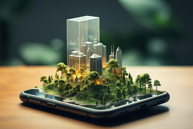 Illustration of a city with buildings on a smartphone screen Generative AI