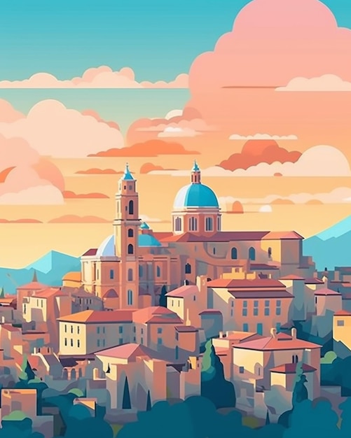 배경 생성 ai에 교회와 산이 있는 도시의 그림