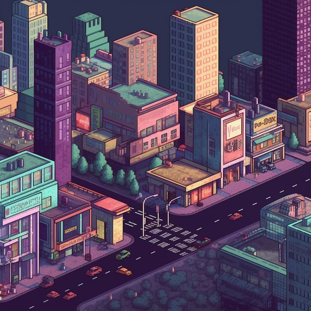 Photo illustration of a city with a lot of buildings and a street generative ai