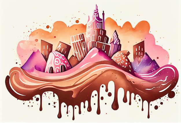 Illustration of a city with a lot of chocolate and sprinkles generative ai