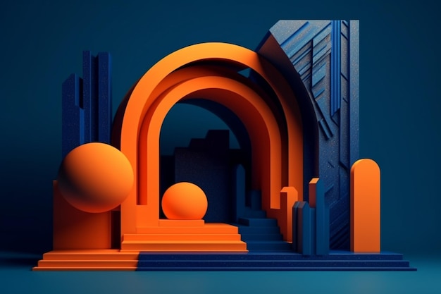 An illustration of a city with orange and blue shapes.