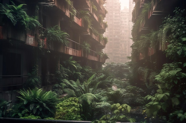 Illustration of city with plants as urban jungle