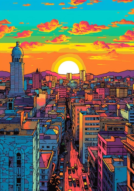 Illustration of a city with a sunset in the background generative ai
