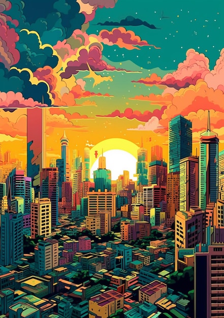 Иллюстрация города с закатом на заднем плане генеративный ай