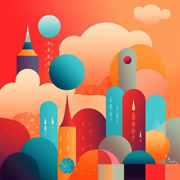 塔と空の背景を持つ都市のイラスト