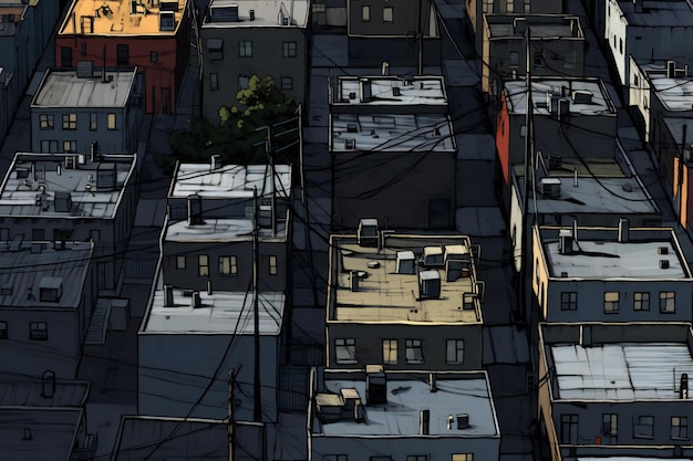 家の屋根の景色のある都市のイラスト