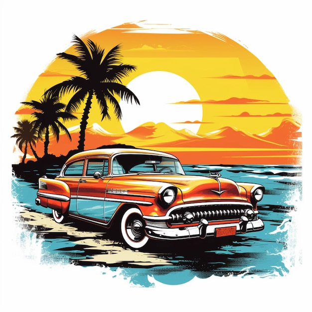 Illustration of a classic car parked on the beach at sunset generative ai