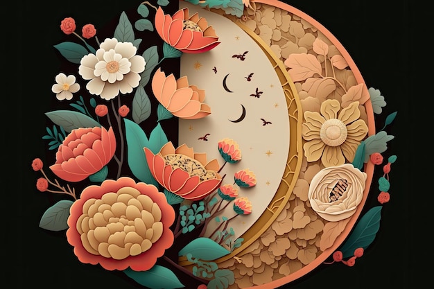 Illustration of a classic Chinese art design with flowers a moon cake