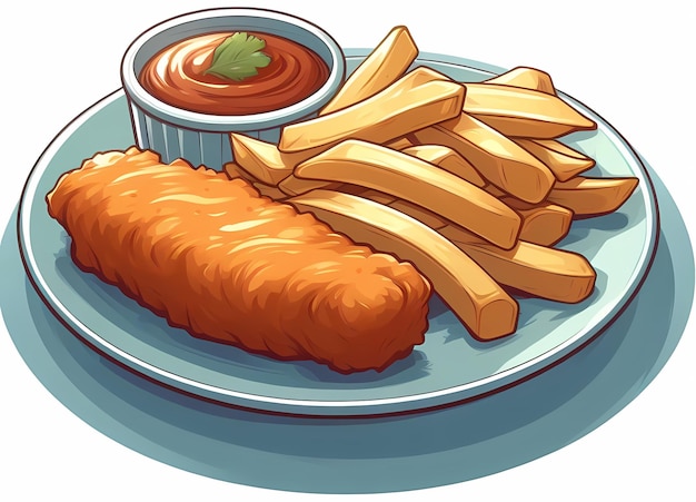 Illustration of a classic fish and chips on a plate vintage