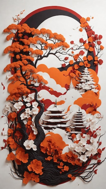 Illustration of a classic Japanese painting with the theme of cherry blossoms and Mount Fuji 5