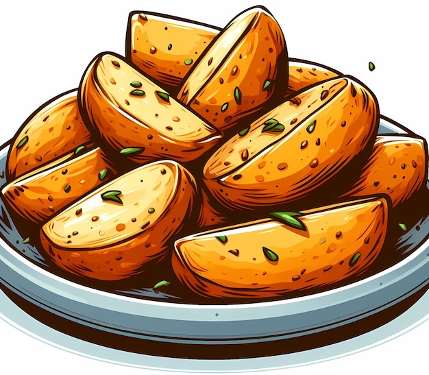 Illustration of a classic roasted potatoes on a plate clean simple