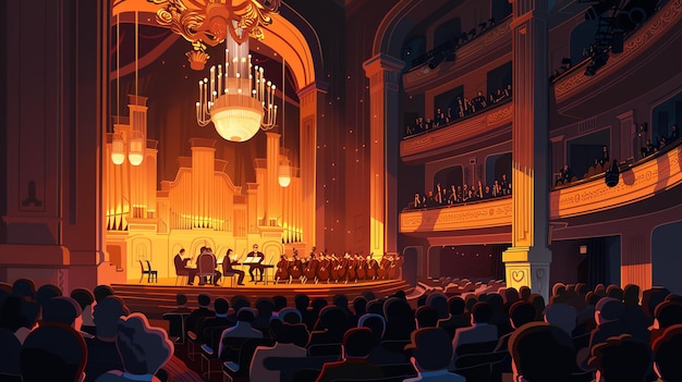 Photo an illustration of a classical concert in a grand opera house the audience is watching the performance from the stalls and the boxes