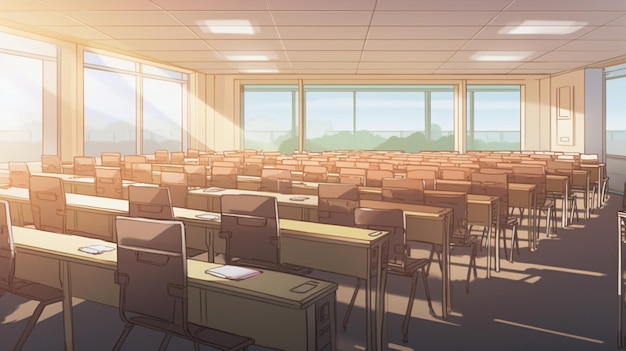 An illustration of a classroom with a window that says'the word'on it '