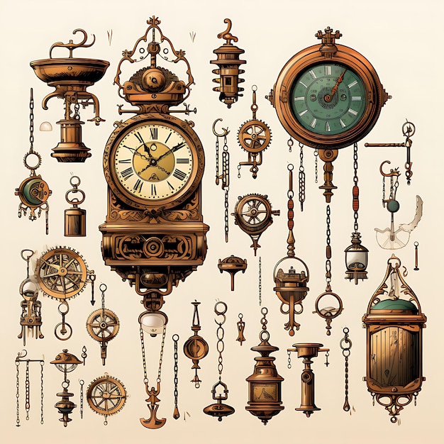 Illustration of Clockmakers Market Various Clocks Grandfather Cuckoo Metalli 2D Flat Clipart Label