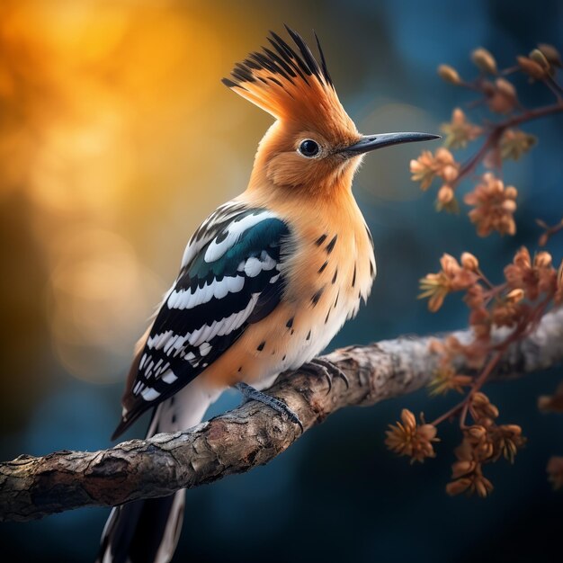 Photo illustration of a close up of a hoopoe on a branch a digital renderi