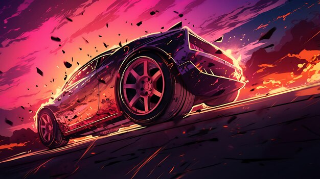 illustration Close up macro wheel Sport Car on race track drifting