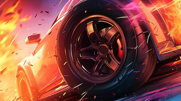 illustration Close up macro wheel Sport Car on race track drifting