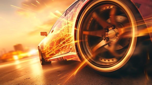 Photo illustration close up macro wheel sport car on race track drifting