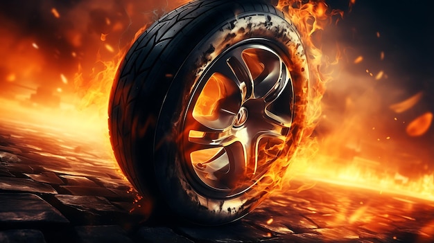 Photo illustration close up macro wheel sport car on race track drifting