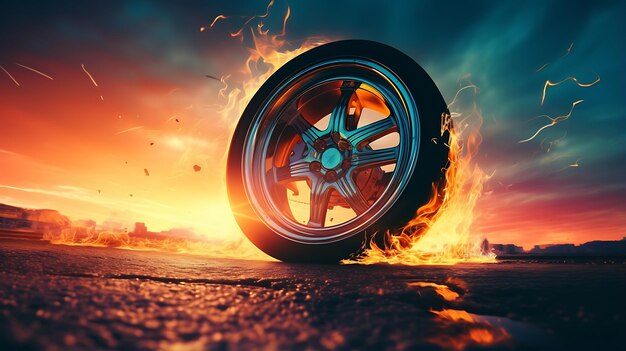 illustration Close up macro wheel Sport Car on race track drifting