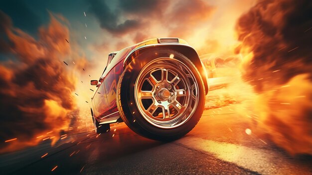 Photo illustration close up macro wheel sport car on race track drifting