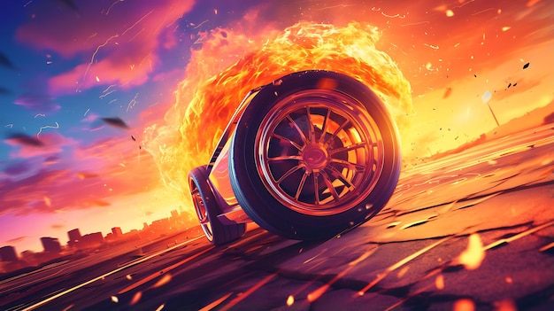 Photo illustration close up macro wheel sport car on race track drifting