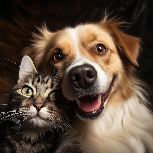 illustration of closeup photo of happy dog and cat love detail