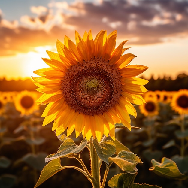 illustration of Closeup of a sunflower with the sun in the background