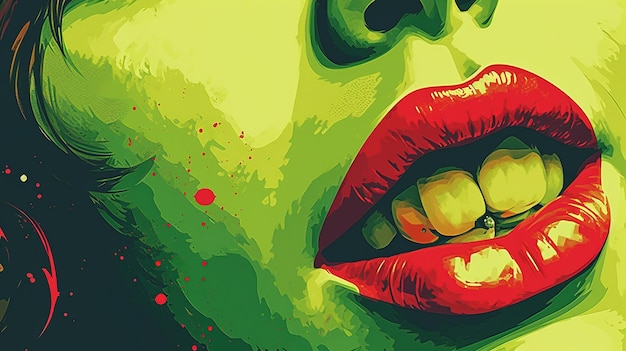 Illustration of a closeup of a woman's face with green skin and a red mouth Art