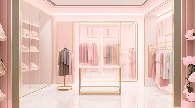 illustration of clothing store of luxury clothes decorated in pastel colors interior design