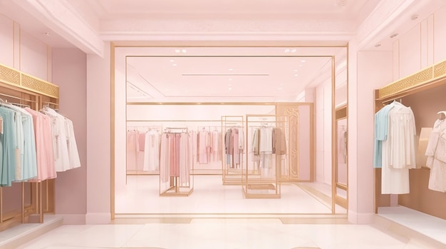 illustration of clothing store of luxury clothes decorated in pastel colors interior design