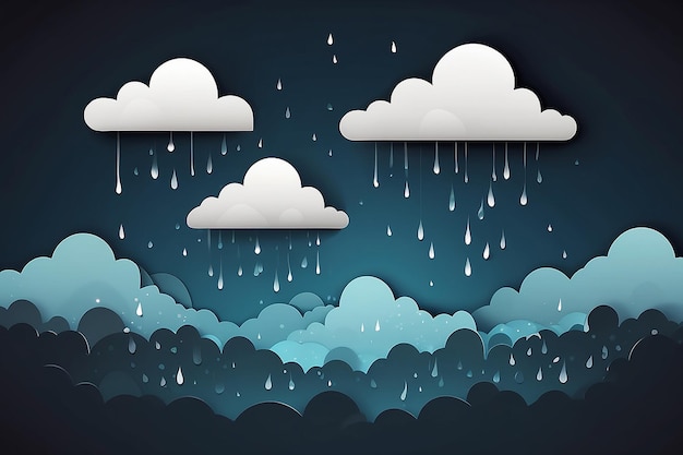 Photo illustration of cloud and rain on dark background heavy rain rainy season paper cut and craft style vector illustration