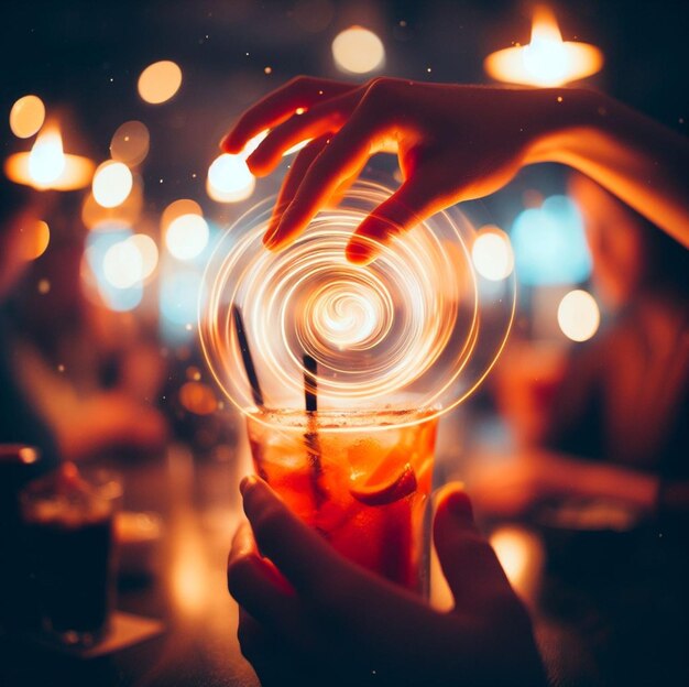 Foto illustrazione di un cocktail in un bar all'aperto al tramonto luce tropicale focalizzazione selettiva bokeh