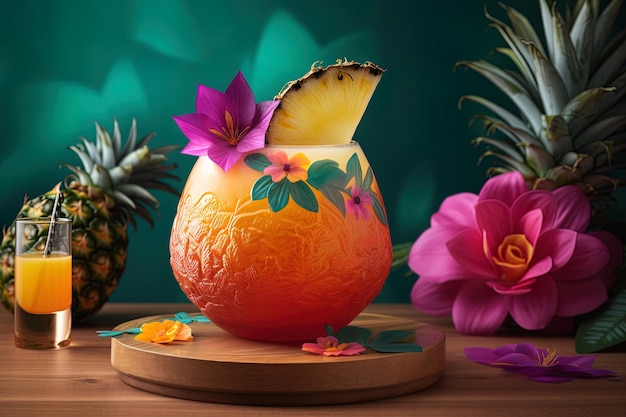 Illustration of a cocktail with pineapple mango passion fruit coconut shell pink hibiscus flower