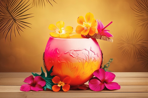 Illustration of a cocktail with pineapple mango passion fruit coconut shell pink hibiscus flower