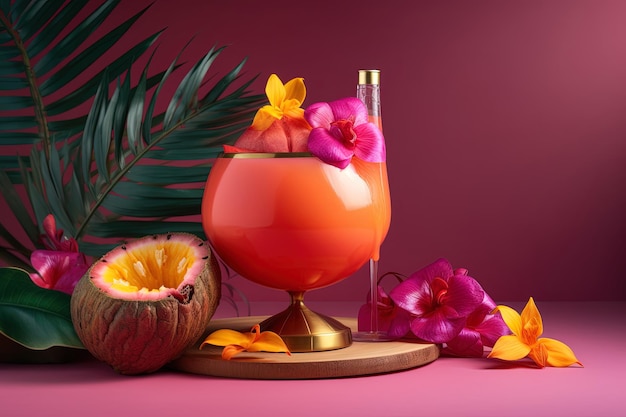 Foto illustrazione di un cocktail con ananas mango frutto della passione guscio di noce di cocco fiore di ibisco rosa