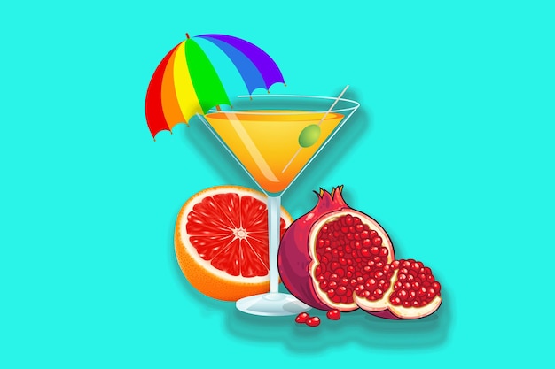 Photo illustration of a cocktail with an umbrella and fruits