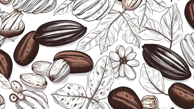 Illustration of cocoa with its flowers and leaves on a white background