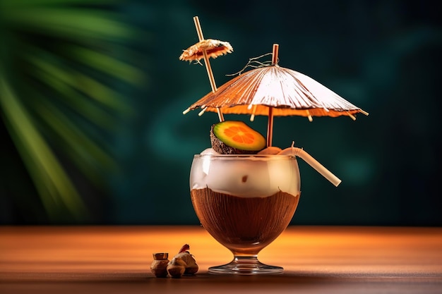 Illustration of coconut cocktail in glass with umbrella Generative AI