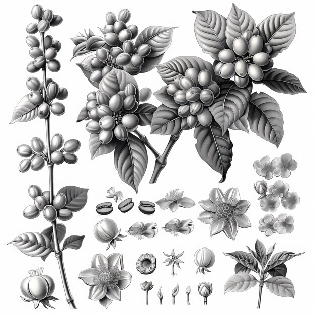 Photo illustration of coffee arabica monochromatic tones style reminiscent of botanical encyclopedia