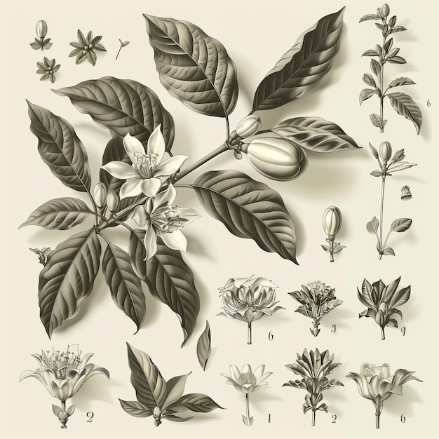 illustration of Coffee arabica monochromatic tones Style reminiscent of botanical encyclopedia