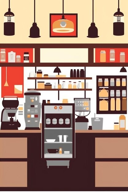 Illustration of a coffee shop with a coffee machine and shelves generative ai