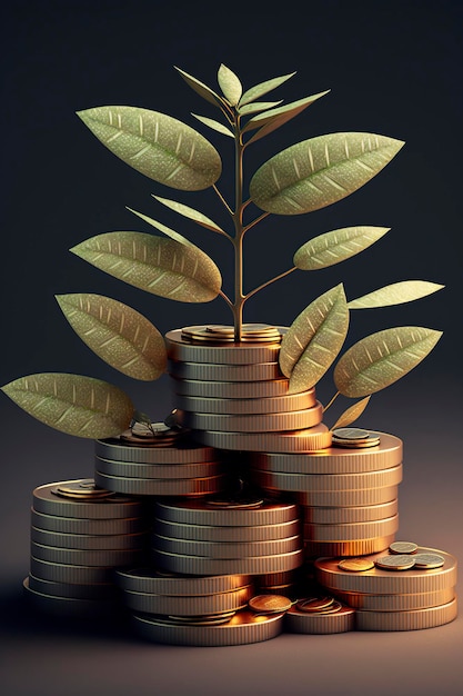 Иллюстрационные монеты с зелеными листьями и почвойКонцепция финансового роста, генерируемая ИИ