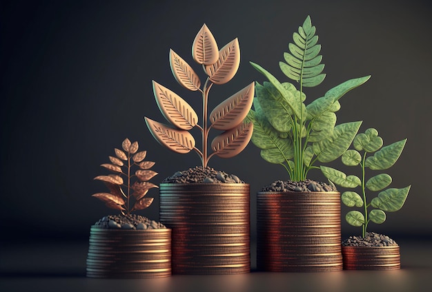 an illustration coins with green leaves and soilconcept of financial growthgenerated AI