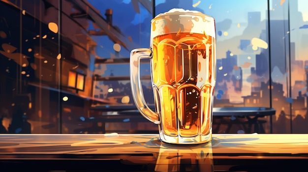 Illustration of a cold glass of beer in a bar